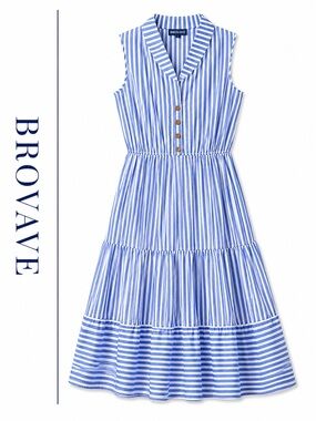 Brovave Blue White Stripe Midi Dress Tiered Sleeveless Cotton Size L